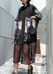 Women lapel tassel cotton summerTunic Tutorials black Maxi Dress - SooLinen