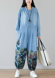 Women light Blue pockets O-Neck Print denim Jumpsuit Spring