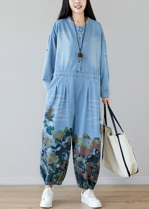 Damen hellblaue Taschen O-Neck Print Denim Jumpsuit Spring
