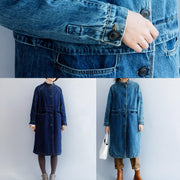 Women light blue Fine tunic coat Tunic Tops stand collar patchwork coat - SooLinen