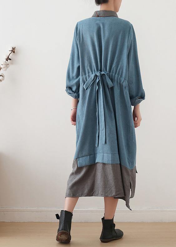 Women light blue cotton clothes lapel drawstring Dresses fall Dress - SooLinen