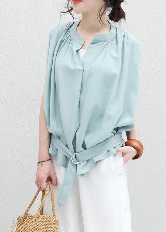 Women light blue linen box top Cinched ruffles box summer blouses - SooLinen