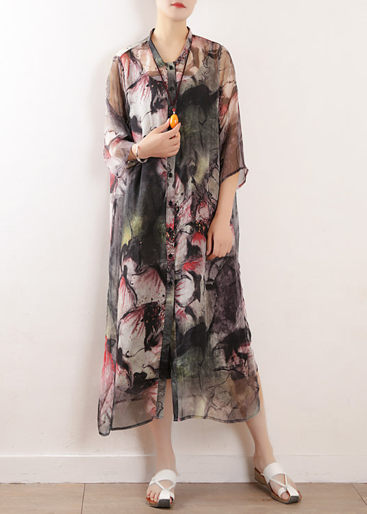 Women light gray prints blended dress Plus Size Photography side open long summer Dresses