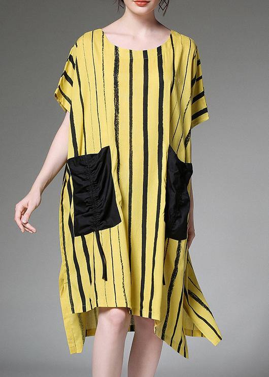 Women linen Plus Size dress Vintage yellow Striped Print Summer Dresses - SooLinen