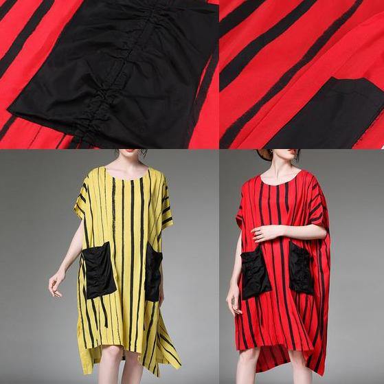 Women linen Plus Size dress Vintage yellow Striped Print Summer Dresses - SooLinen