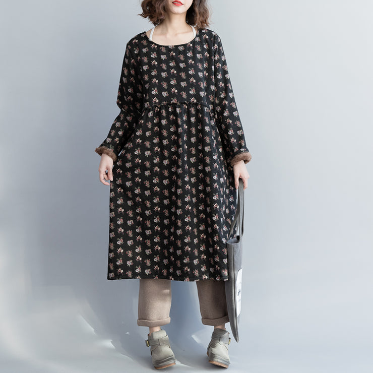 Frauen-Leinen-Baumwollkleid Pakistani O-Ausschnitt Cinched Shape schwarz floral Love Dresses