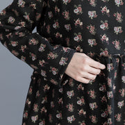 Frauen-Leinen-Baumwollkleid Pakistani O-Ausschnitt Cinched Shape schwarz floral Love Dresses