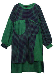 Women low high design cotton clothes Catwalk patchwork plaid Dresses fall - SooLinen