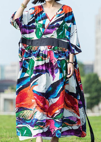 Women multicolor cotton dress v neck tie waist long summer Dresses - SooLinen