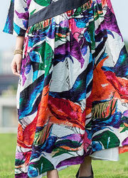 Women multicolor cotton dress v neck tie waist long summer Dresses - SooLinen