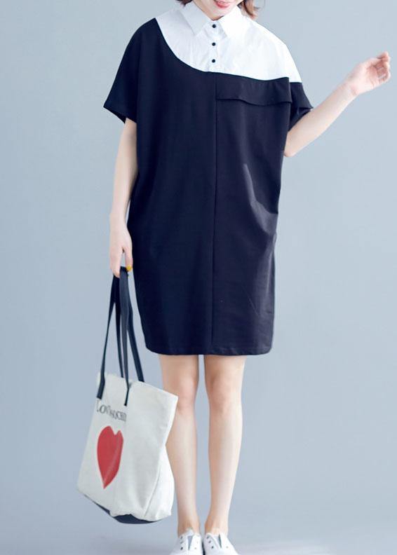 Women navy Cotton dresses o neck patchwork Midi summer Dress - SooLinen