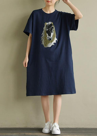 Women navy Cotton outfit o neck embroidery oversized summer Dress - SooLinen