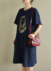 Women navy Cotton outfit o neck embroidery oversized summer Dress - SooLinen