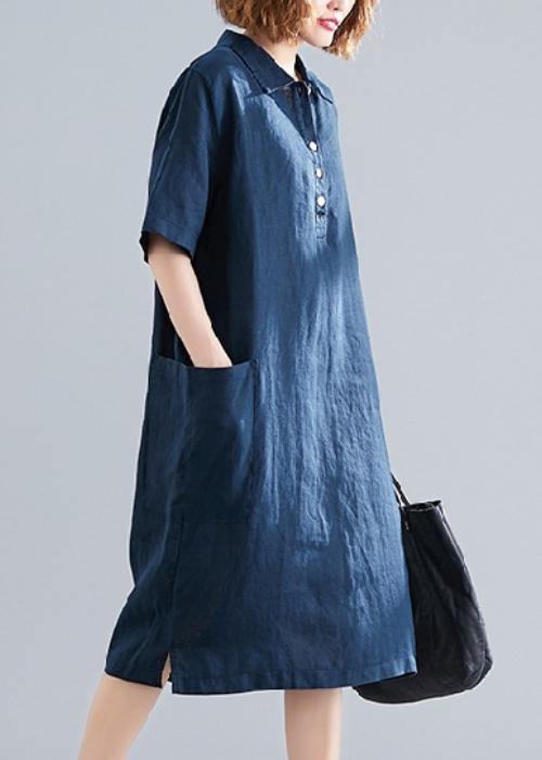 Women navy Cotton quilting clothes lapel pockets Plus Size Dress - SooLinen