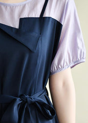 Women navy dress patchwork false two pieces A Line Dresses - SooLinen