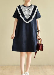 Women navy patchwork lace quilting clothes o neck loose Dress - SooLinen