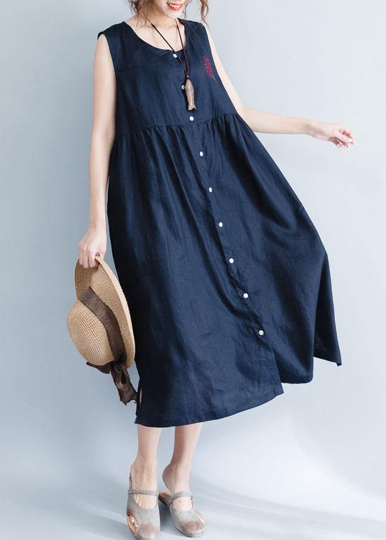 Women navy patchwork linen cotton clothes For Women sleeveless Maxi summer Dress - SooLinen