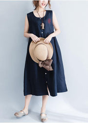 Women navy patchwork linen cotton clothes For Women sleeveless Maxi summer Dress - SooLinen