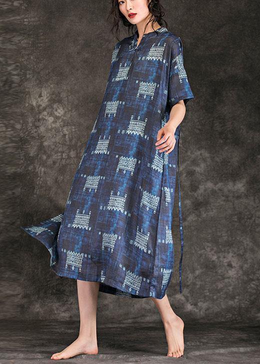 Women navy print linen dress stand collar tie waist Maxi summer Dress - SooLinen