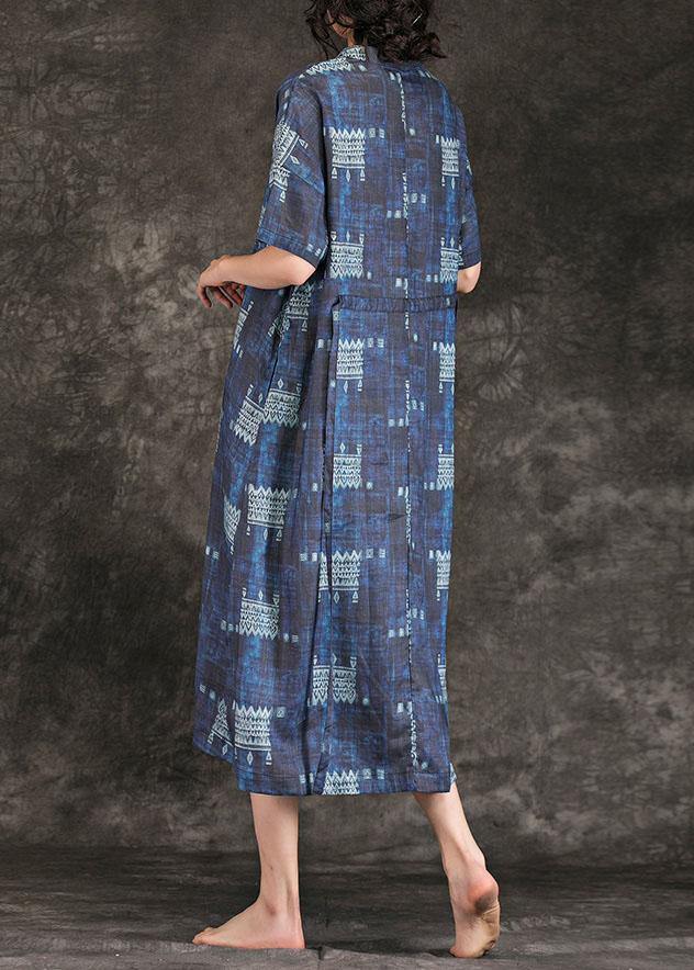 Women navy print linen dress stand collar tie waist Maxi summer Dress - SooLinen