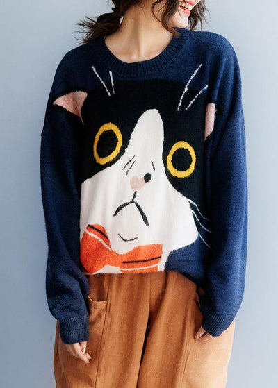 Women navy sweater tops winter Loose fitting animal print knitwear - SooLinen