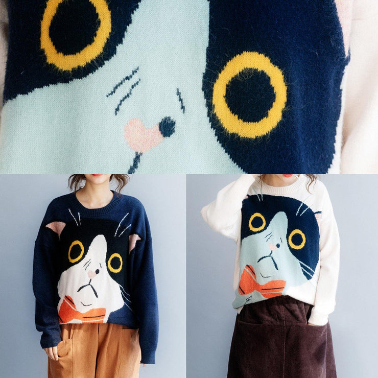 Women navy sweater tops winter Loose fitting animal print knitwear - SooLinen