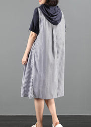 Women navy tunic dress hooded patchwork striped Maxi Dresses - SooLinen