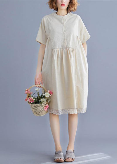 Women nude Cotton quilting dresses o neck patchwork lace summer Dresses - SooLinen