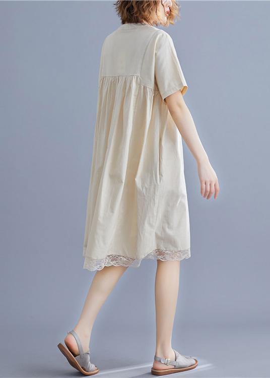 Women nude Cotton quilting dresses o neck patchwork lace summer Dresses - SooLinen
