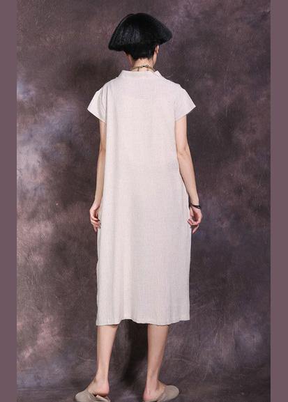 Women nude v neck linen dress side open Plus Size summer Dresses - SooLinen