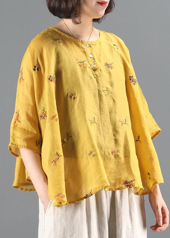 Women o neck Batwing Sleeve Tunic Wardrobes yellow embroidery blouses - SooLinen