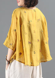 Women o neck Batwing Sleeve Tunic Wardrobes yellow embroidery blouses - SooLinen
