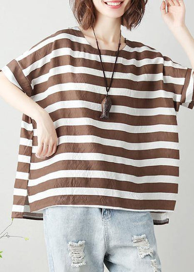 Women o neck Batwing Sleeve cotton tunic top Work chocolate striped shirt - SooLinen