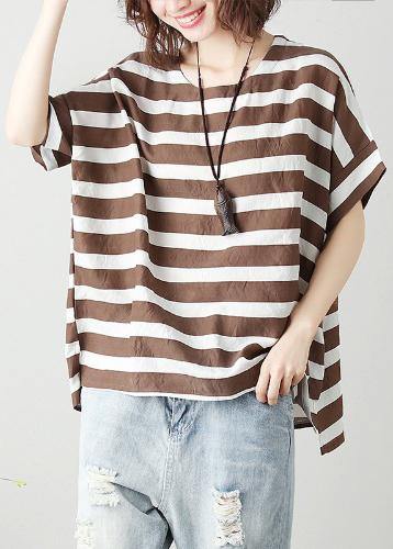 Women o neck Batwing Sleeve cotton tunic top Work chocolate striped shirt - SooLinen