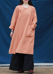 Women o neck Chinese Button Tunic Tutorials orange Dresses - SooLinen