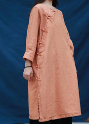 Women o neck Chinese Button Tunic Tutorials orange Dresses - SooLinen
