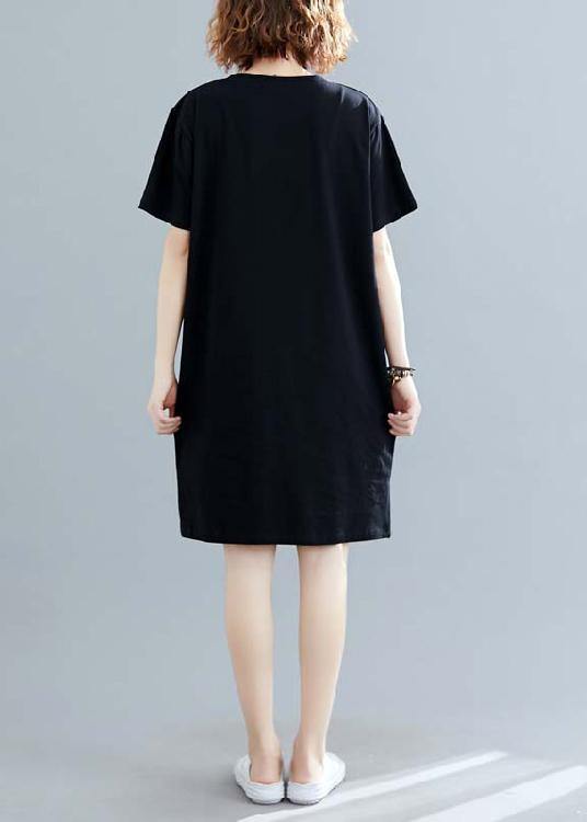 Women o neck Cotton clothes black print Dress summer - SooLinen
