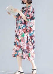 Women o neck Cotton quilting clothes Shape pink print Dresses summer - SooLinen