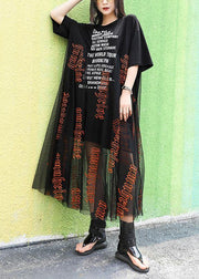 Women o neck Letter cotton summer Long pattern black Dresses - SooLinen