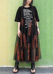 Women o neck Letter cotton summer Long pattern black Dresses - SooLinen