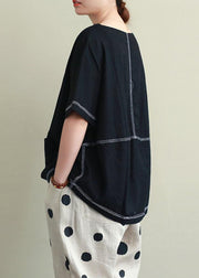 Women o neck Open wire decoration linen summer clothes black short shirt - SooLinen