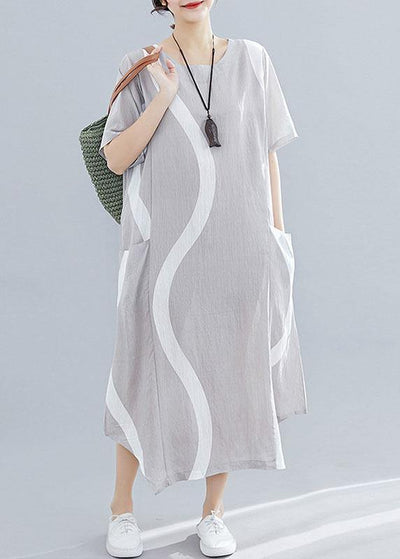 Women o neck asymmetric cotton clothes For Women design light gray striped Maxi Dresses summer - SooLinen