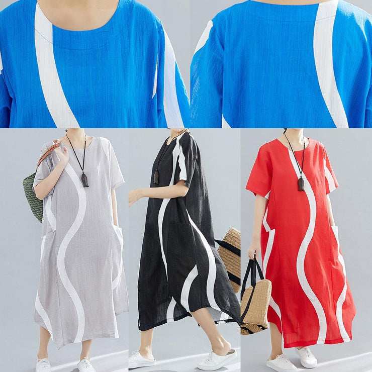 Women o neck asymmetric cotton clothes For Women design light gray striped Maxi Dresses summer - SooLinen