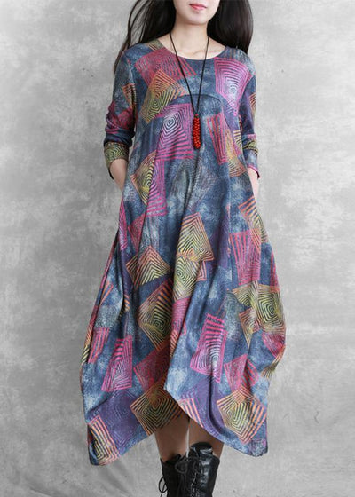 Women o neck asymmetric cotton clothes Runway floral A Line Dress - SooLinen