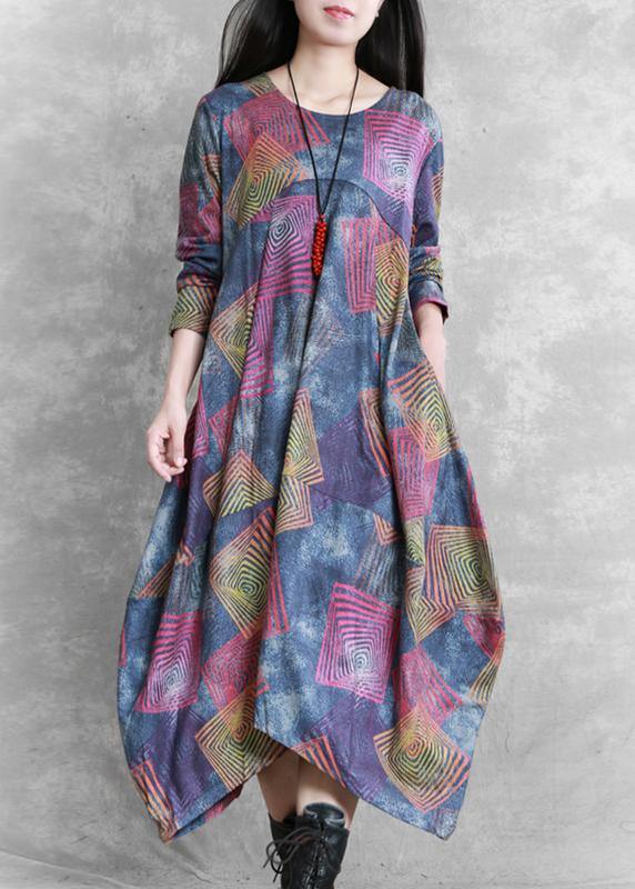 Women o neck asymmetric cotton clothes Runway floral A Line Dress - SooLinen