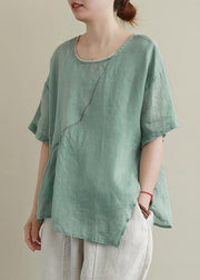 Women o neck asymmetric cotton linen summer clothes For Women green blouse - SooLinen