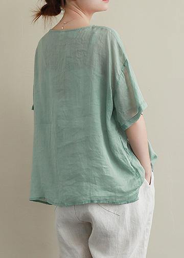 Women o neck asymmetric cotton linen summer clothes For Women green blouse - SooLinen