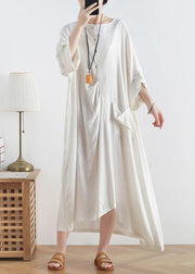 Women o neck asymmetric cotton summer clothes Women Tutorials white loose Dresses - SooLinen