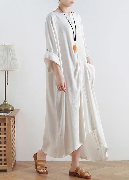 Women o neck asymmetric cotton summer clothes Women Tutorials white loose Dresses - SooLinen