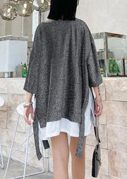 Women o neck asymmetric cotton summer for women Tops silver gray shirts - SooLinen